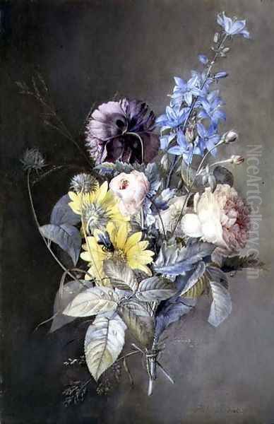 Bouquet of flowers with roses, peonies, delphiniums and daisies Oil Painting by Pierre-Joseph Redoute