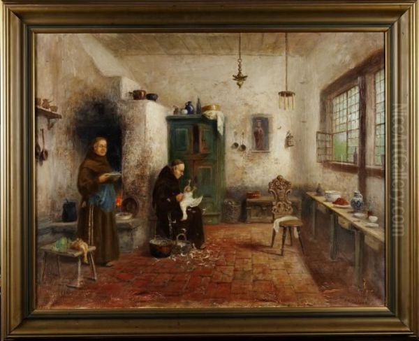 Interior Med Munkar Oil Painting by Frans Wilhelm Odelmark