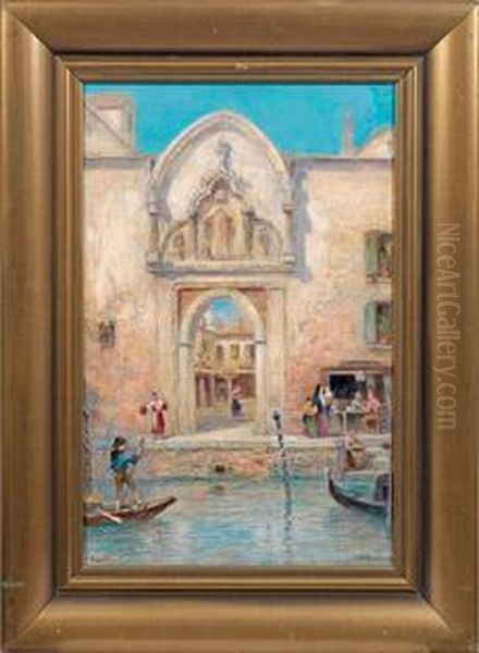 Altes Portal An Einemvenezianischen Kanal Oil Painting by Frans Wilhelm Odelmark