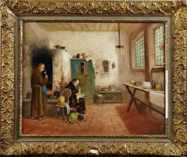 Interior Med Munkar Oil Painting by Frans Wilhelm Odelmark