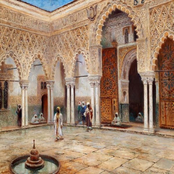 An Arabic Palace Courtyard Oil Painting by Frans Wilhelm Odelmark