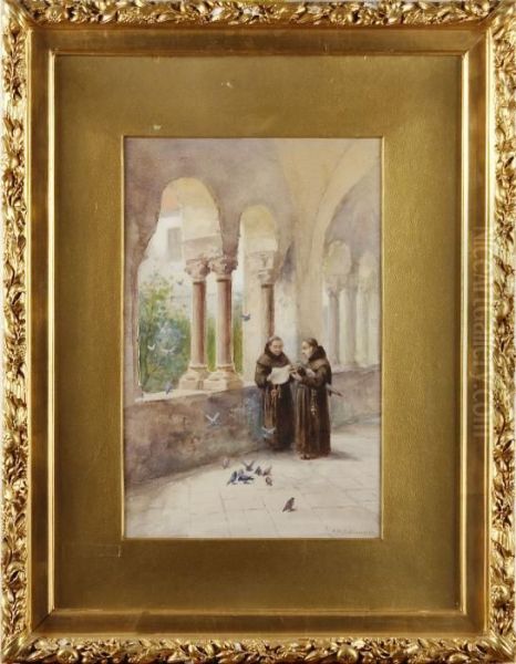 Klosterinterior Med Munkar Oil Painting by Frans Wilhelm Odelmark