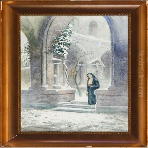 A Nun In Amonastery Garden Oil Painting by Frans Wilhelm Odelmark