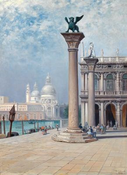 Venezia - Veduta Della Chiesa Santa Mariadella Salute Presa Dalla Piazza San Marco Oil Painting by Frans Wilhelm Odelmark