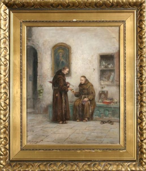 Klosterinterior Med Munkar Oil Painting by Frans Wilhelm Odelmark