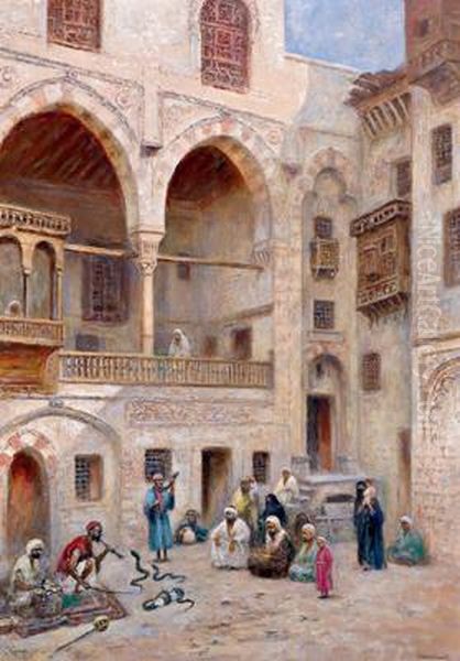 Incantatori Di Serpenti In Un Cortile A Cairo Oil Painting by Frans Wilhelm Odelmark