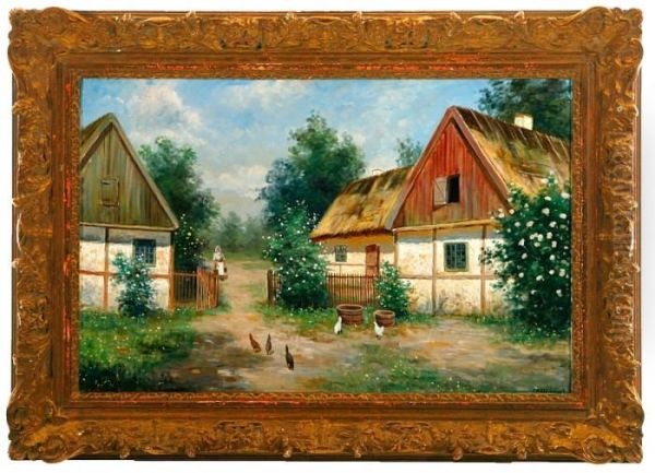 A Scanian Farm With Farmer's Wife And Chicken. Signed Oil Painting by Frans Wilhelm Odelmark