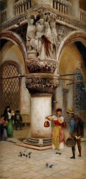 Pratstund Vid Dogepalatset - Venedig Oil Painting by Frans Wilhelm Odelmark