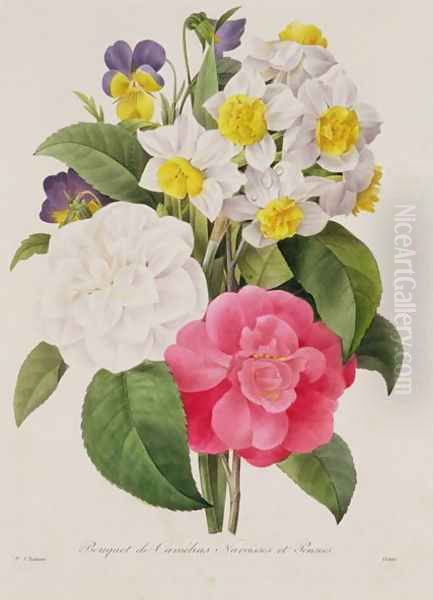 Camellias, Narcissus and Pansies, engraved by Victor, pub. 1827 Oil Painting by Pierre-Joseph Redoute