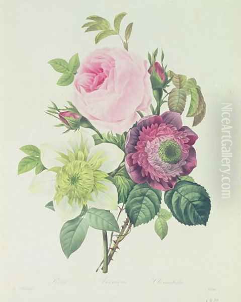 Rose, anemone and Clematide Oil Painting by Pierre-Joseph Redoute