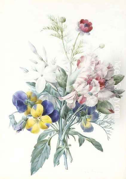 A bouquet with violas, carnations, jasmine and a poppy Oil Painting by Pierre-Joseph Redoute