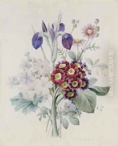 A bunch of flowers with a blue iris and some red auriculae Oil Painting by Pierre-Joseph Redoute