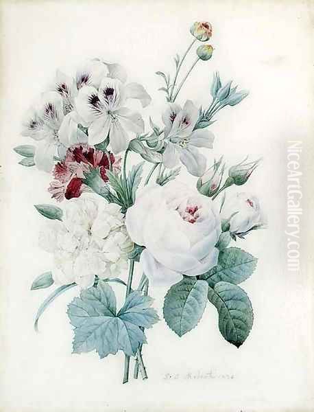 White Roses, a white Peony, a Carnation and Pelagonium Oil Painting by Pierre-Joseph Redoute