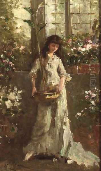 Girl in a Conservatory Oil Painting by Alexander M. Rossi