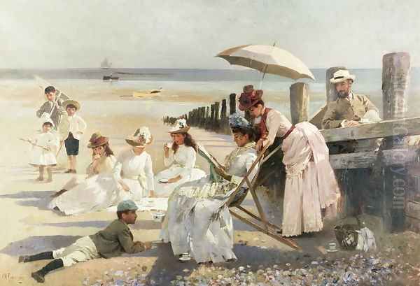 On the Shores of Bognor Regis - Portrait Group of the Harford Couple and their Children, 1887 Oil Painting by Alexander M. Rossi