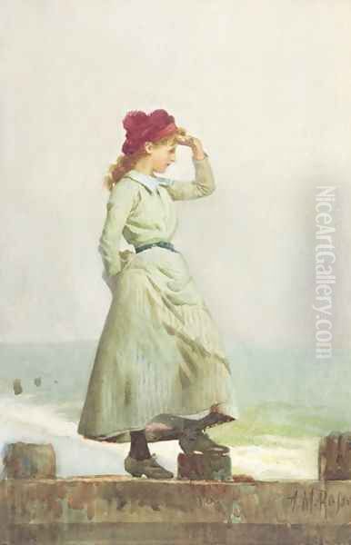 Young Girl on Seawall Oil Painting by Alexander M. Rossi