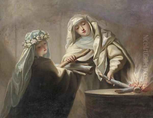 The Sacred Fire two Vestal Virgins tending the hearth Oil Painting by Jean Raoux