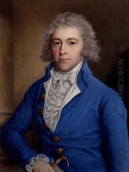 Portrait of a Gentleman, half-length, in a blue coat, holding a cane in his right hand Oil Painting by John Russell