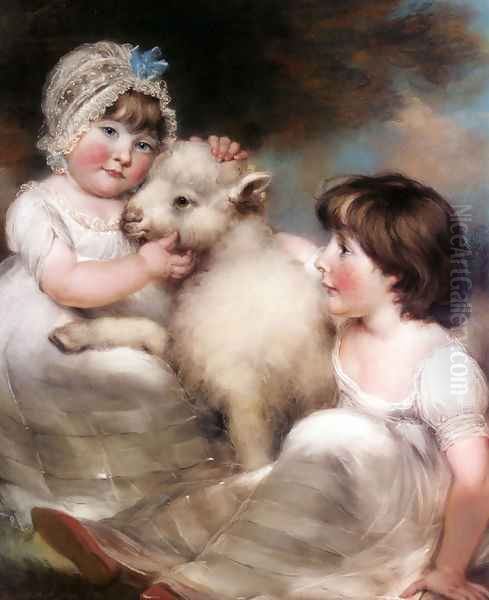 Portrait of Miss E. and Miss L. Earle with a Lamb Oil Painting by John Russell