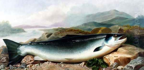 Still Life of a Salmon on a Riverbank in a Mountainous Landscape Oil Painting by John Russell