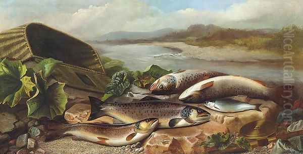 Trout and a Bleak on a River Bank Oil Painting by John Russell