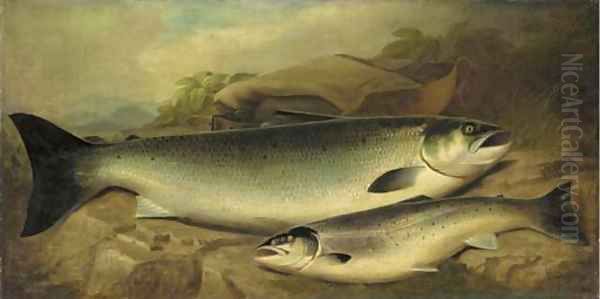 Salmon and trout on a river bank Oil Painting by John Russell