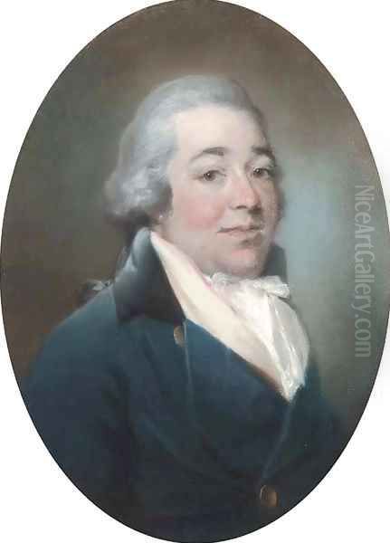 Portrait of a gentleman, bust-length, in a blue jacket, white waistcoat and cravat Oil Painting by John Russell