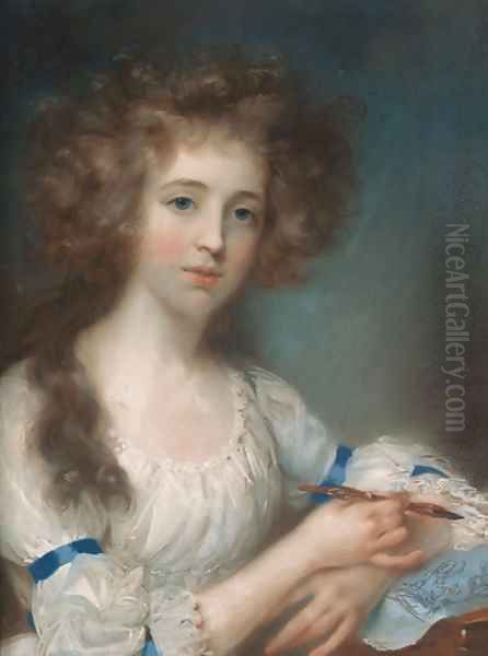 Portrait of a lady, half-length, in a white dress with blue ribbons, holding a brush in her right hand, her left arm resting on a sheet of paper Oil Painting by John Russell