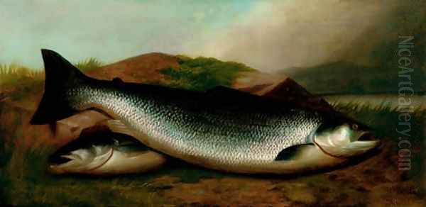 Salmon on a River Bank Oil Painting by John Russell