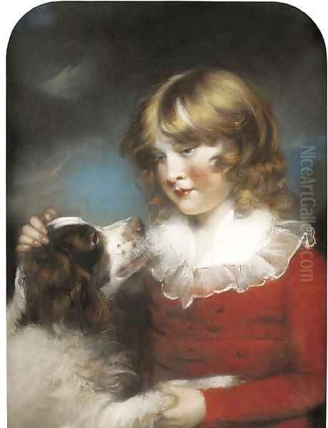 Portrait of a young boy, half-length, in a red coat and white collar, with a spaniel Oil Painting by John Russell