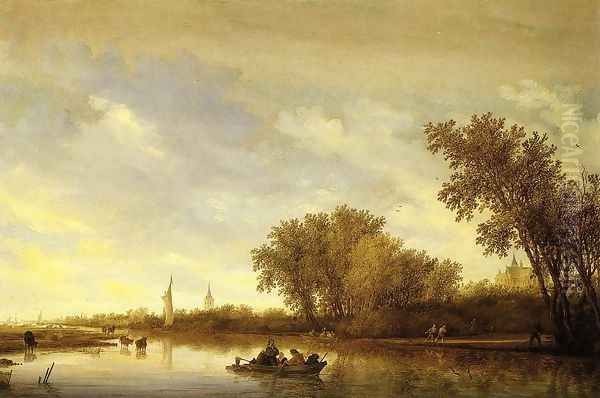 A River Landscape with Boats and Chateau Oil Painting by Salomon van Ruysdael