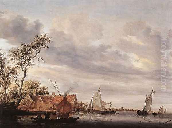 River Scene with Farmstead 1647 Oil Painting by Salomon van Ruysdael