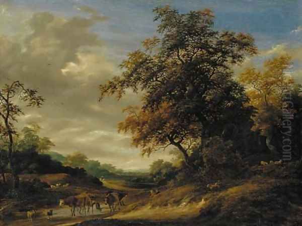 A wooded landscape with herders resting and cattle and sheep grazing Oil Painting by Salomon van Ruysdael