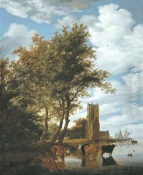 A river landscape with the Pellecussenpoort near Utrecht, five cattle wading in the foreground and boats moored at the tower beyond Oil Painting by Salomon van Ruysdael