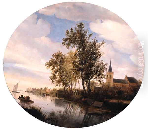 A village by a river with fishermen in rowing boats moored near the shore, ferries and sailing ships setting out beyond, at dawn, on a cloudy day Oil Painting by Salomon van Ruysdael