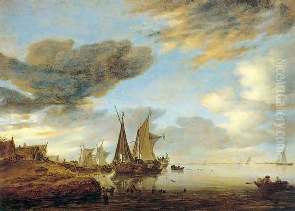 Sailing Boats near a Village Oil Painting by Salomon van Ruysdael