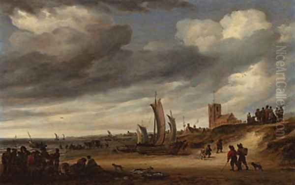 The beach at Egmond-aan-Zee, with figures and boats on the shore Oil Painting by Salomon van Ruysdael