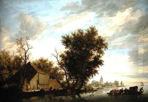 River Scene with a Ferry Boat Oil Painting by Salomon van Ruysdael