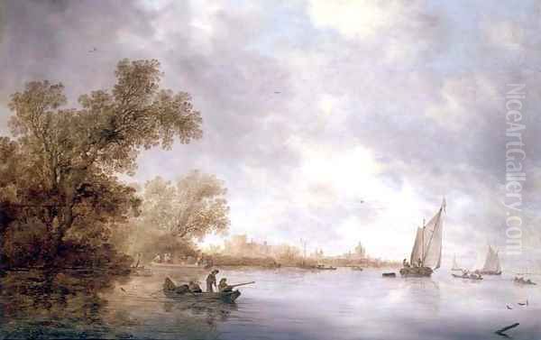 View of the River Lek with Boats and Liesvelt Castle Oil Painting by Salomon van Ruysdael