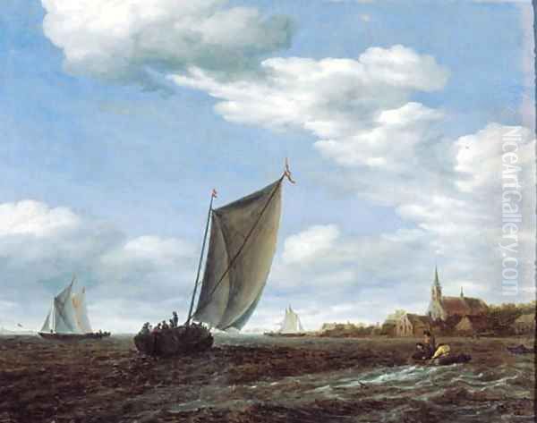 A river landscape with a wijdschip sailing before the wind and a rowing boat with other shipping, a village beyond Oil Painting by Salomon van Ruysdael