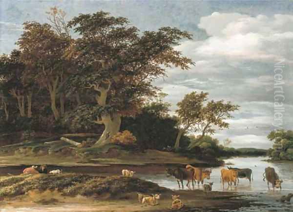 Herdsmen with cattle and sheep in a wooded river landscape Oil Painting by Salomon van Ruysdael