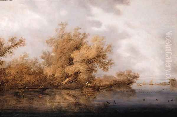 A calm A wooded river landscape with fishermen and sportsmen in rowing boats, sailing ships beyond Oil Painting by Salomon van Ruysdael