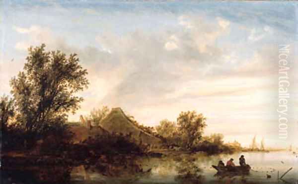 A river landscape with fishermen in rowing boats and peasants by a landing stage by a farmhouse, shipping beyond Oil Painting by Salomon van Ruysdael