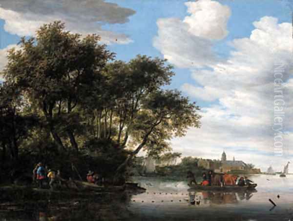 A view of the River Vecht, with a ferry and fishermen unloading their boat, Nijenrode castle beyond Oil Painting by Salomon van Ruysdael