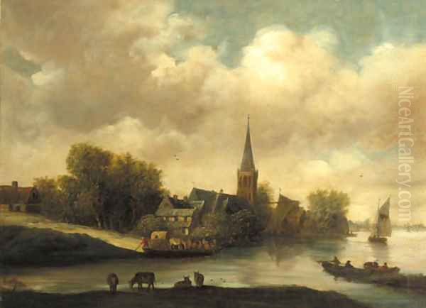 A village on a river with a ferry setting out Oil Painting by Salomon van Ruysdael