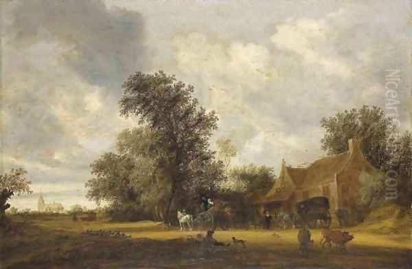 A wooded landscape with cattle, carriages on a track and an inn, a church beyond Oil Painting by Salomon van Ruysdael