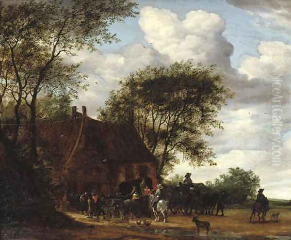 A wooded landscape with travellers by an inn Oil Painting by Salomon van Ruysdael