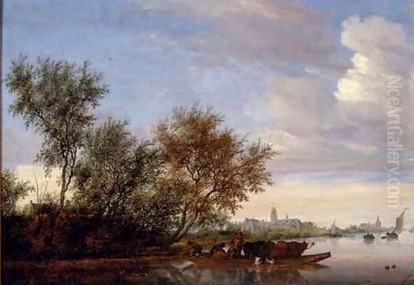 Ferry Boat with cattle on the River Vecht near Nijenrode Oil Painting by Salomon van Ruysdael