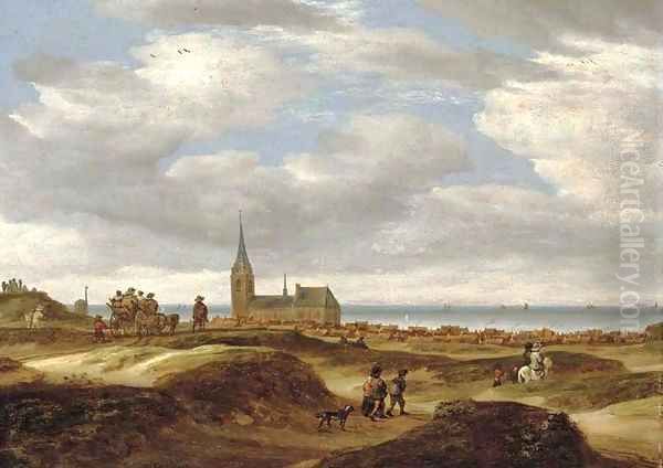 A view of Scheveningen from the dunes with travellers on a path, the sea beyond Oil Painting by Salomon van Ruysdael