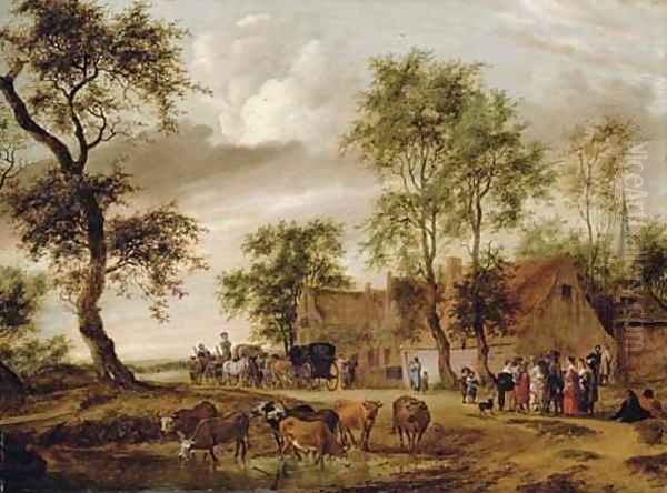 A village landscape with carriages outside an inn, peasants conversing on a path and cattle watering Oil Painting by Salomon van Ruysdael